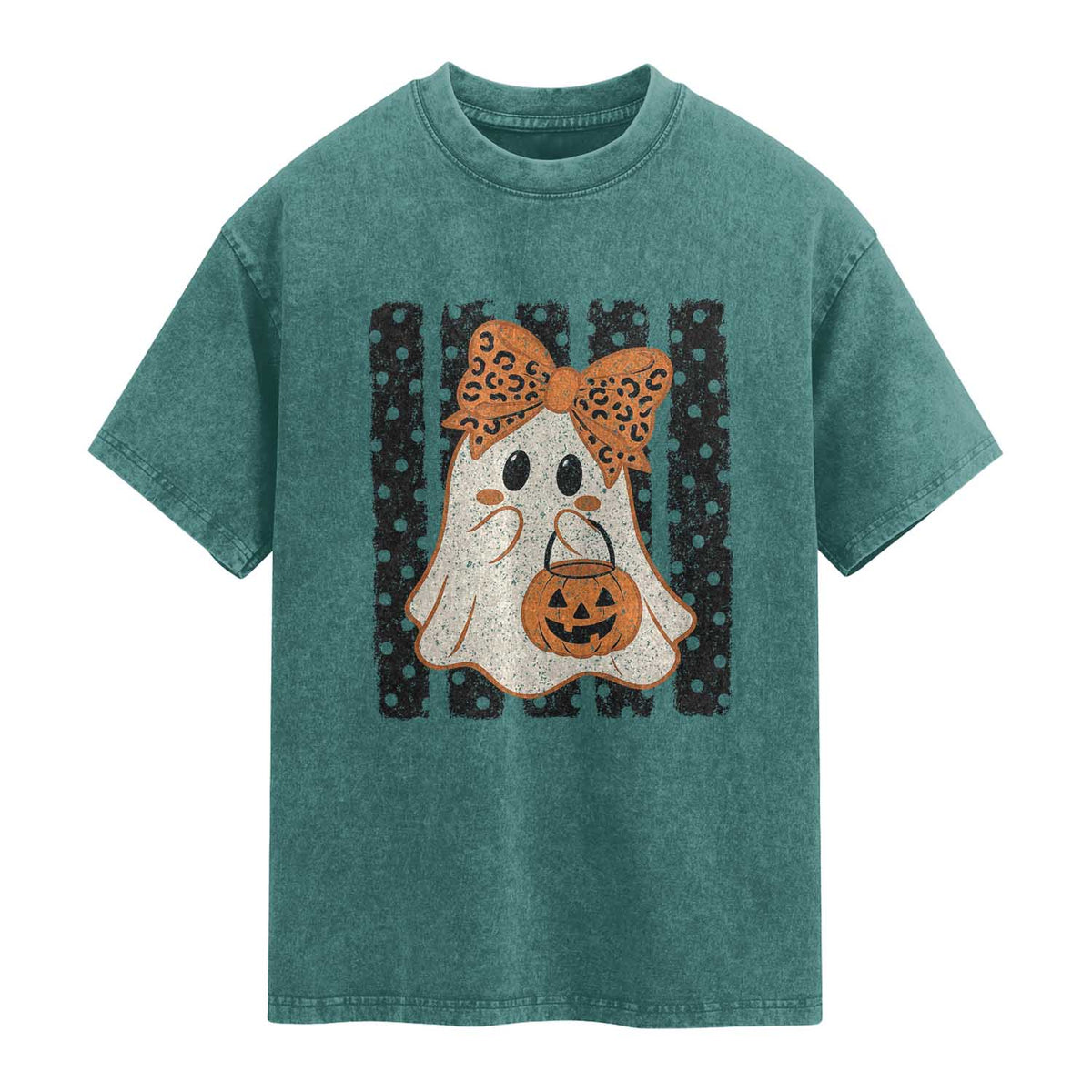 Cute Sheet Ghost with Bow Tie and Pumpkin Bucket Halloween Graphic Washed Cotton T-Shirt