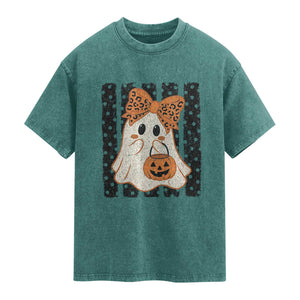 Cute Sheet Ghost with Bow Tie and Pumpkin Bucket Halloween Graphic Washed Cotton T-Shirt
