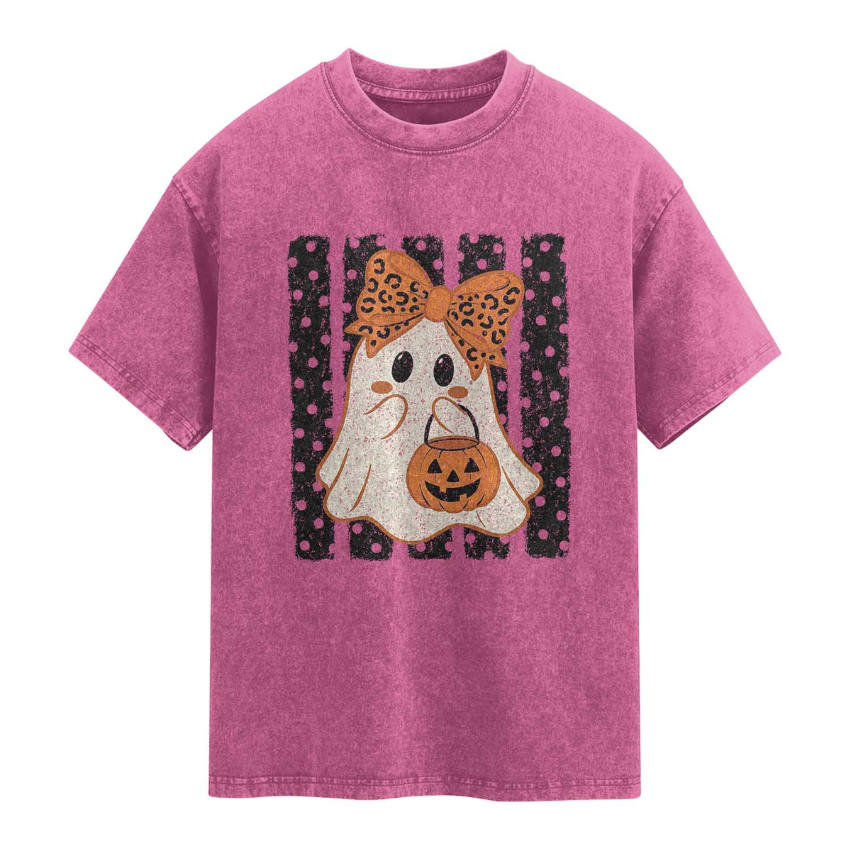 Cute Sheet Ghost with Bow Tie and Pumpkin Bucket Halloween Graphic Washed Cotton T-Shirt