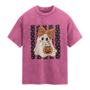 Cute Sheet Ghost with Bow Tie and Pumpkin Bucket Halloween Graphic Washed Cotton T-Shirt