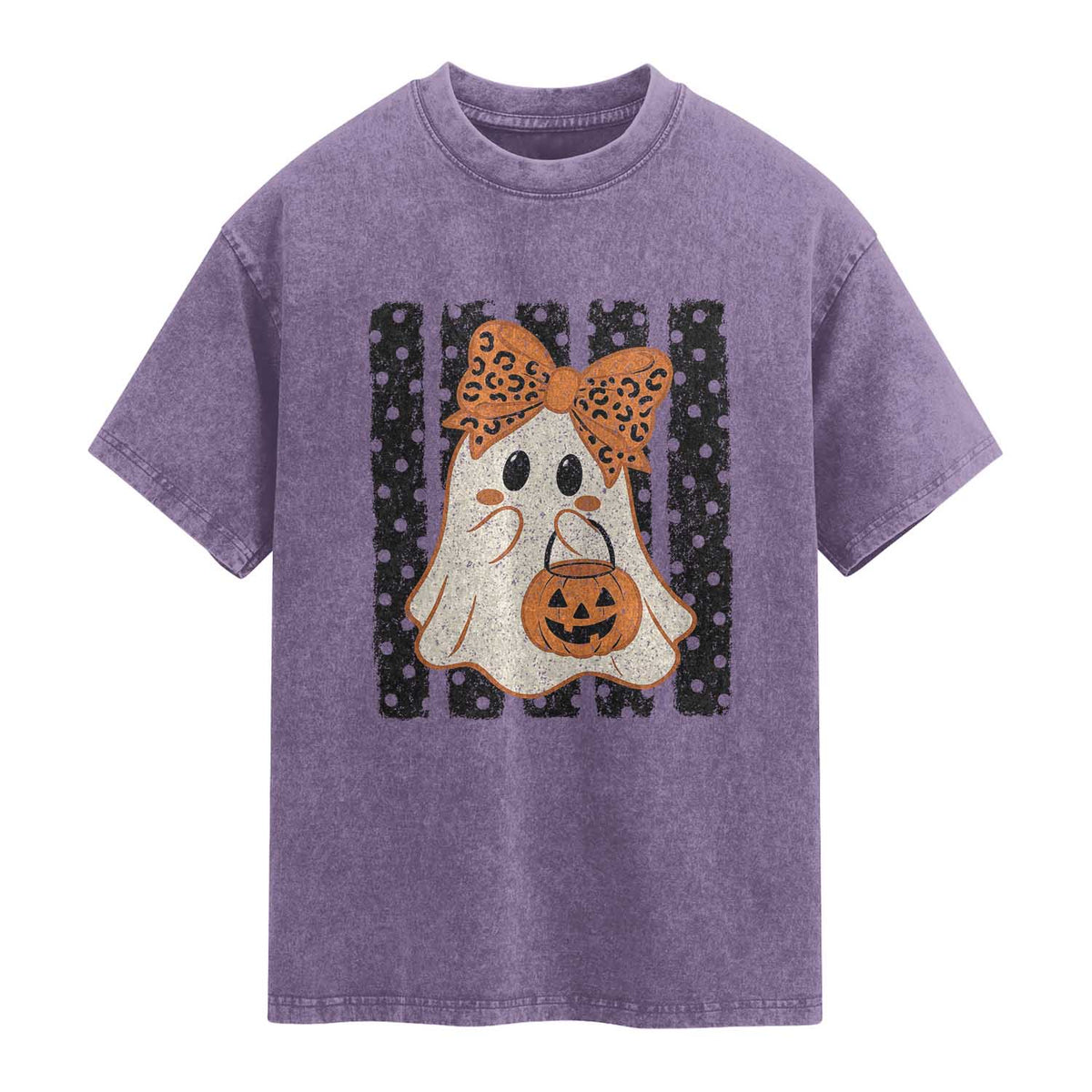 Cute Sheet Ghost with Bow Tie and Pumpkin Bucket Halloween Graphic Washed Cotton T-Shirt