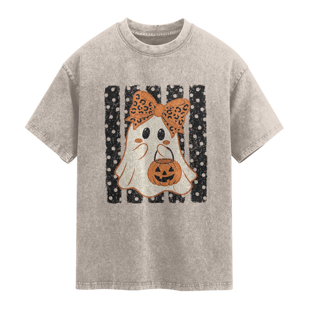 Cute Sheet Ghost with Bow Tie and Pumpkin Bucket Halloween Graphic Washed Cotton T-Shirt