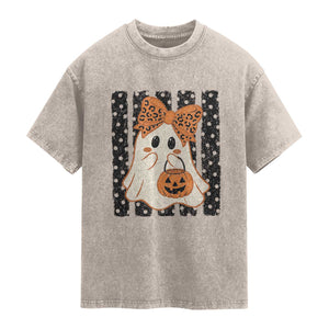 Cute Sheet Ghost with Bow Tie and Pumpkin Bucket Halloween Graphic Washed Cotton T-Shirt