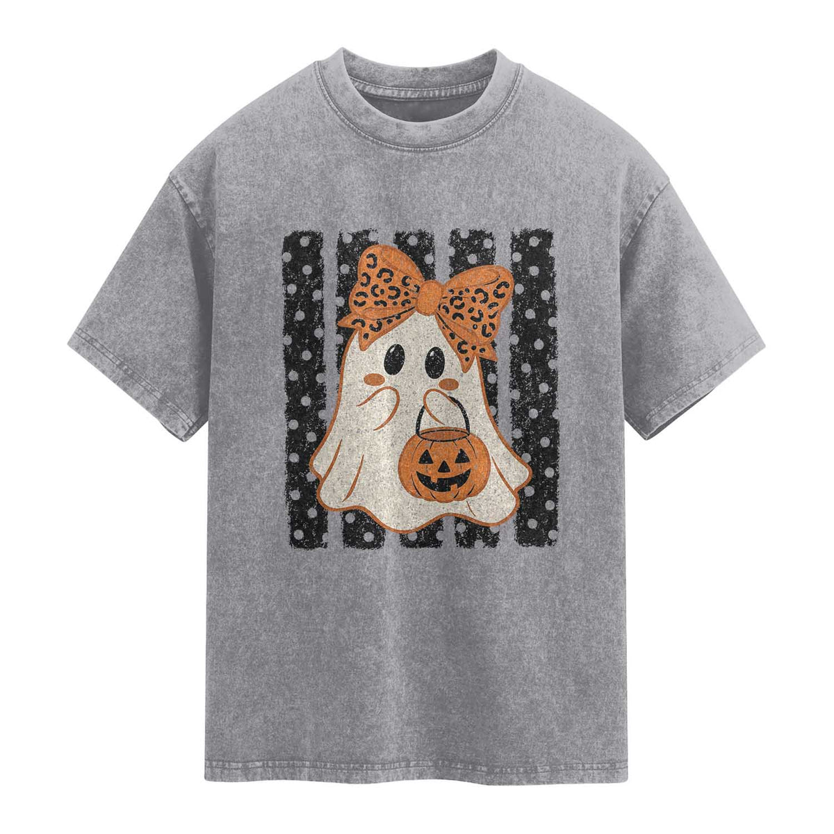 Cute Sheet Ghost with Bow Tie and Pumpkin Bucket Halloween Graphic Washed Cotton T-Shirt