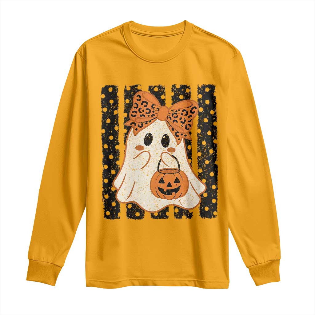 Cute Sheet Ghost with Bow Tie and Pumpkin Bucket Halloween Graphic Long Sleeve Shirt
