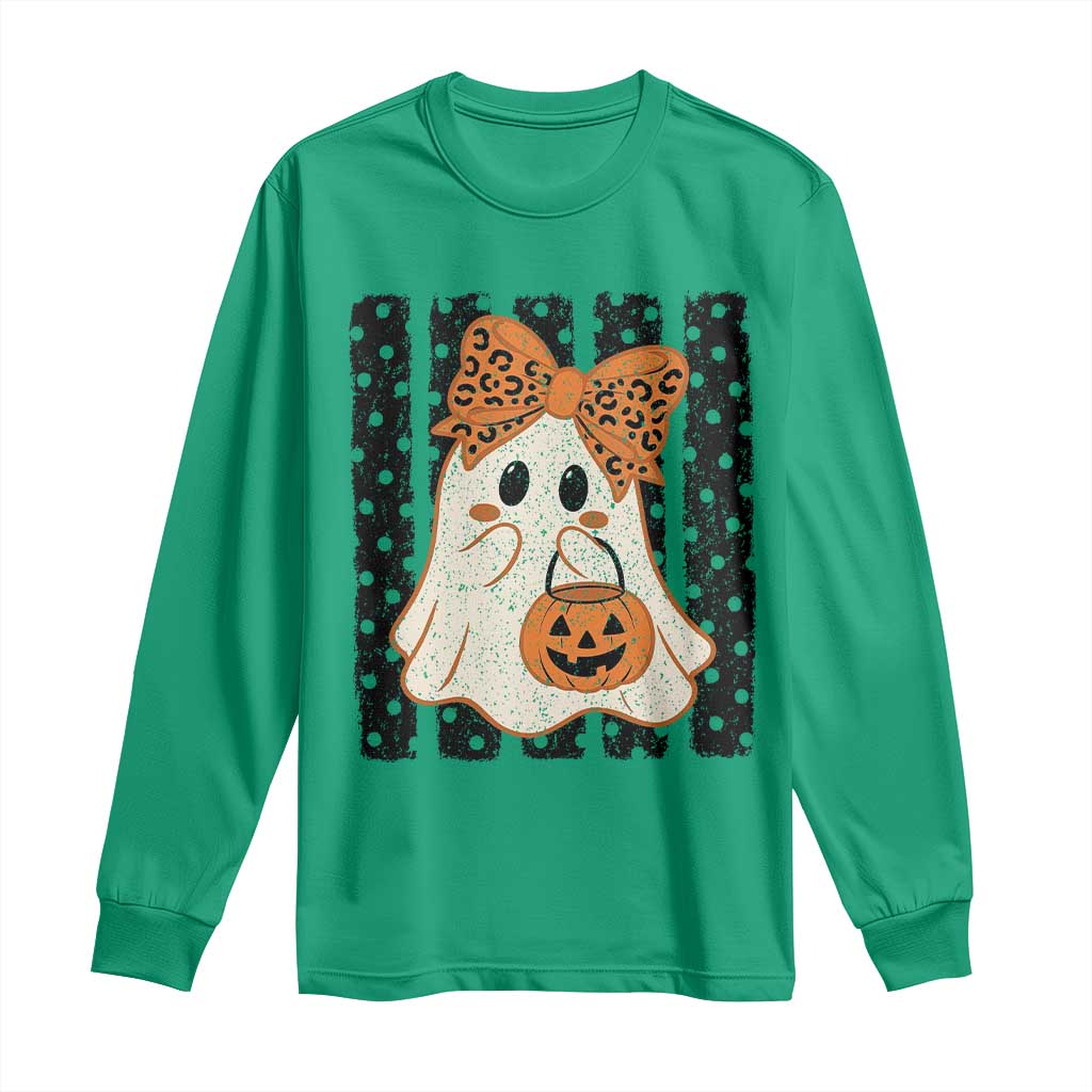 Cute Sheet Ghost with Bow Tie and Pumpkin Bucket Halloween Graphic Long Sleeve Shirt