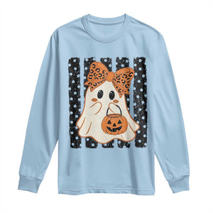 Cute Sheet Ghost with Bow Tie and Pumpkin Bucket Halloween Graphic Long Sleeve Shirt