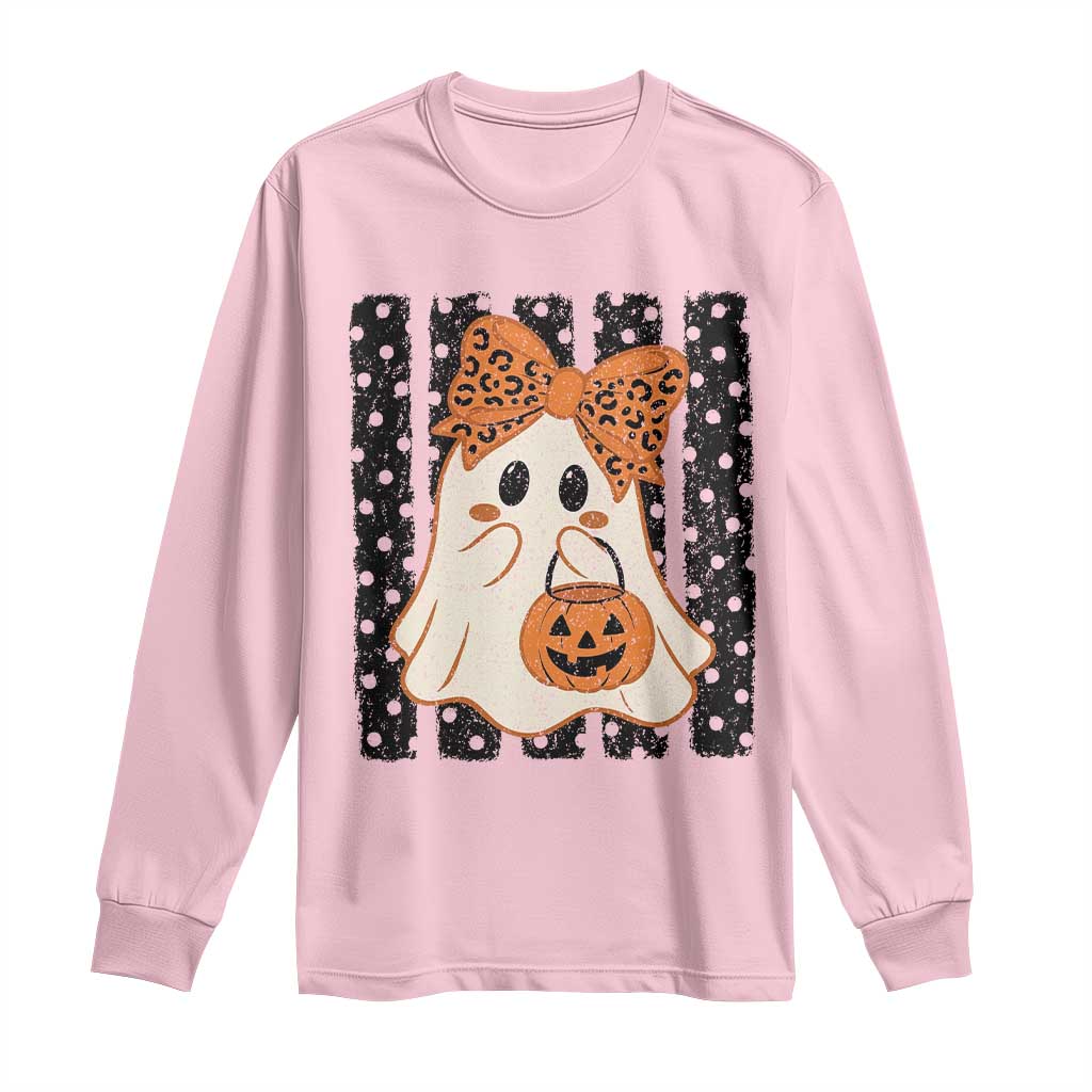 Cute Sheet Ghost with Bow Tie and Pumpkin Bucket Halloween Graphic Long Sleeve Shirt