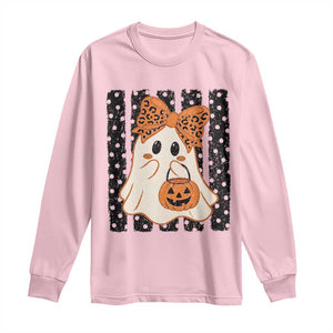 Cute Sheet Ghost with Bow Tie and Pumpkin Bucket Halloween Graphic Long Sleeve Shirt