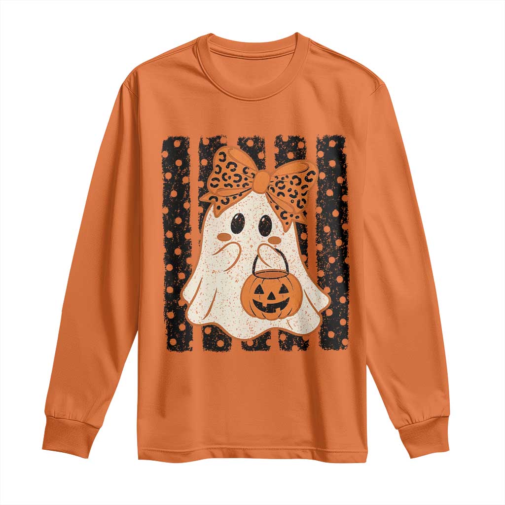 Cute Sheet Ghost with Bow Tie and Pumpkin Bucket Halloween Graphic Long Sleeve Shirt