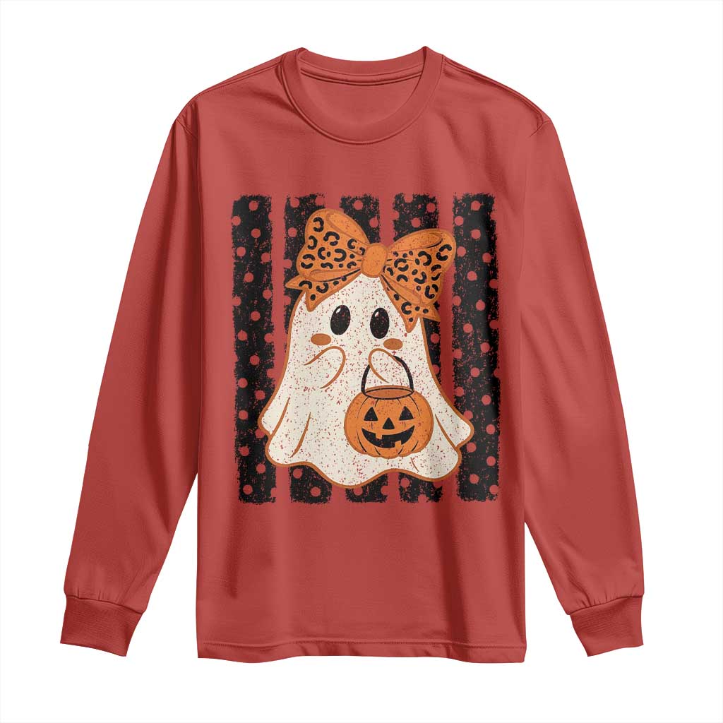 Cute Sheet Ghost with Bow Tie and Pumpkin Bucket Halloween Graphic Long Sleeve Shirt