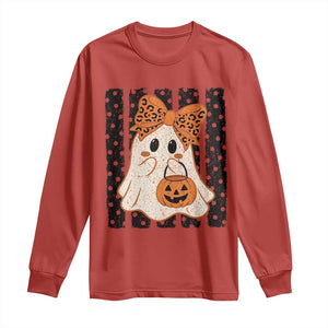 Cute Sheet Ghost with Bow Tie and Pumpkin Bucket Halloween Graphic Long Sleeve Shirt