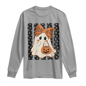 Cute Sheet Ghost with Bow Tie and Pumpkin Bucket Halloween Graphic Long Sleeve Shirt