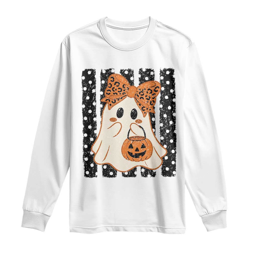 Cute Sheet Ghost with Bow Tie and Pumpkin Bucket Halloween Graphic Long Sleeve Shirt