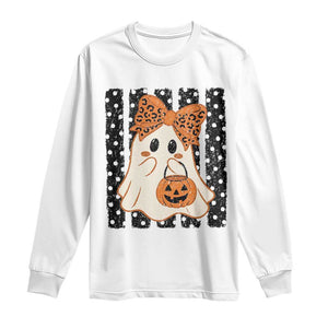 Cute Sheet Ghost with Bow Tie and Pumpkin Bucket Halloween Graphic Long Sleeve Shirt
