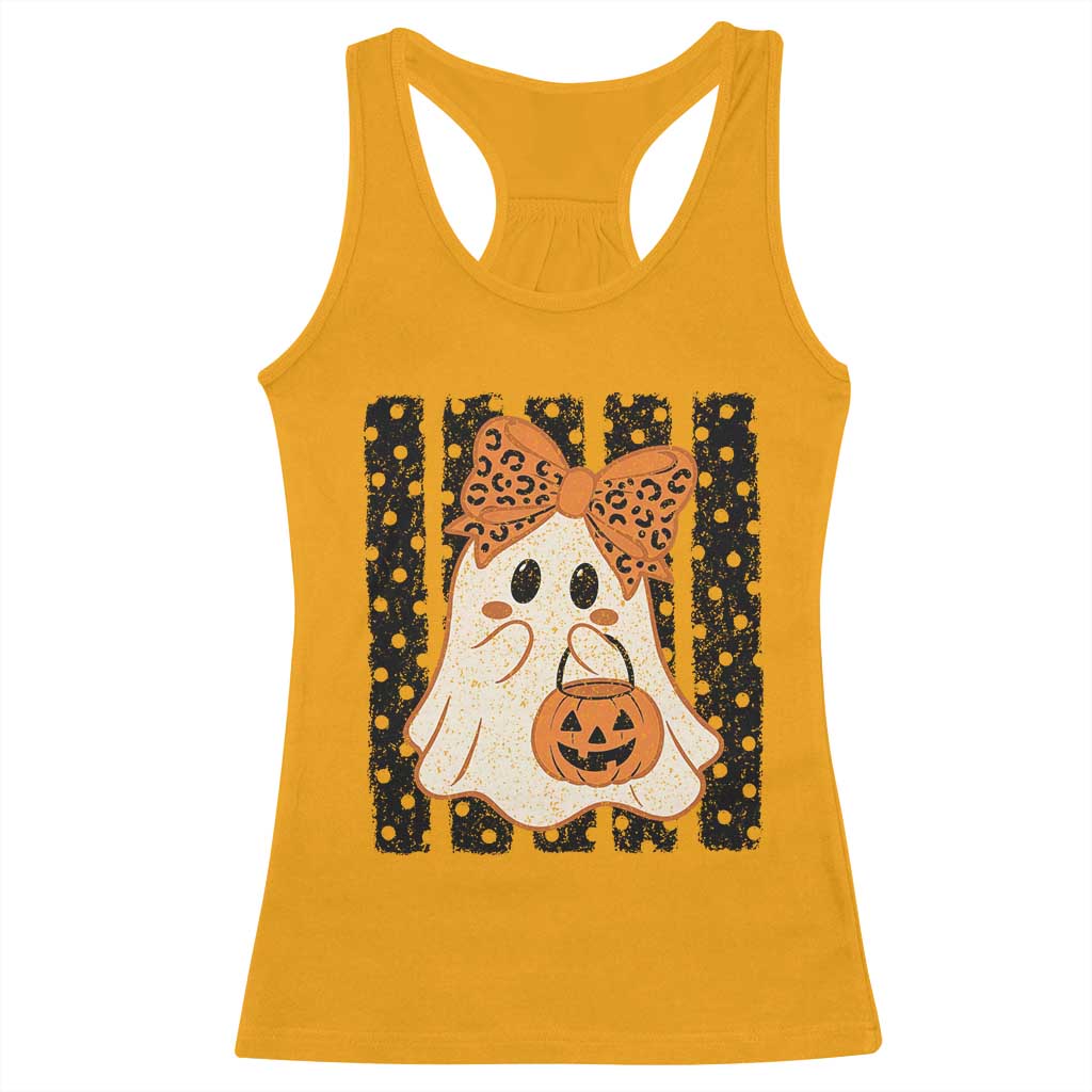 Cute Sheet Ghost with Bow Tie and Pumpkin Bucket Halloween Graphic Racerback Tank Top