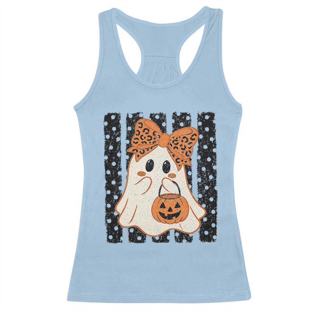 Cute Sheet Ghost with Bow Tie and Pumpkin Bucket Halloween Graphic Racerback Tank Top