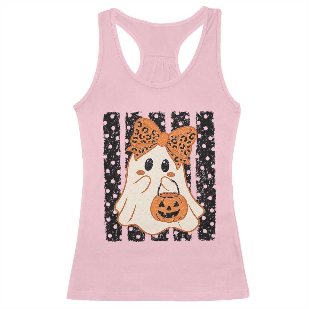 Cute Sheet Ghost with Bow Tie and Pumpkin Bucket Halloween Graphic Racerback Tank Top