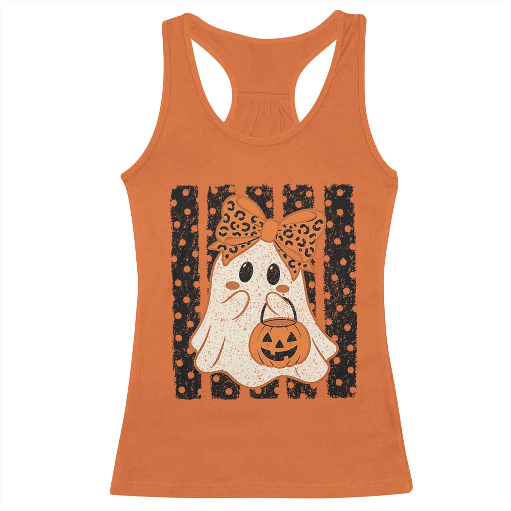 Cute Sheet Ghost with Bow Tie and Pumpkin Bucket Halloween Graphic Racerback Tank Top