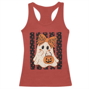 Cute Sheet Ghost with Bow Tie and Pumpkin Bucket Halloween Graphic Racerback Tank Top