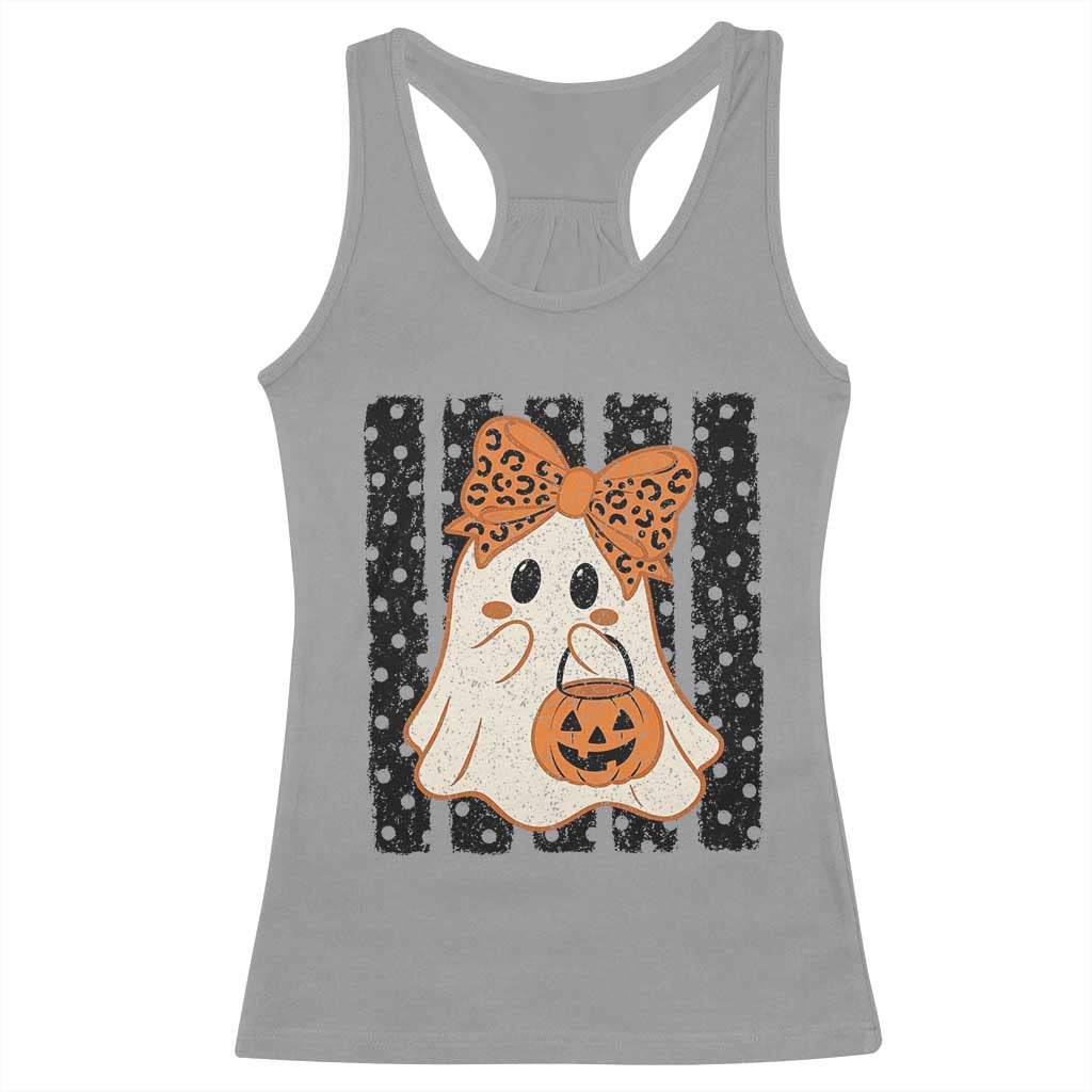 Cute Sheet Ghost with Bow Tie and Pumpkin Bucket Halloween Graphic Racerback Tank Top
