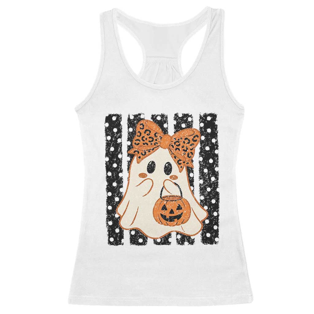Cute Sheet Ghost with Bow Tie and Pumpkin Bucket Halloween Graphic Racerback Tank Top