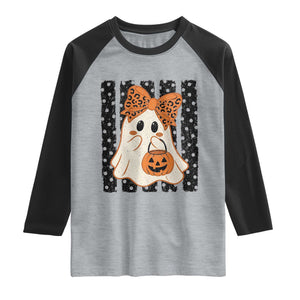 Cute Sheet Ghost with Bow Tie and Pumpkin Bucket Halloween Graphic Raglan Shirt