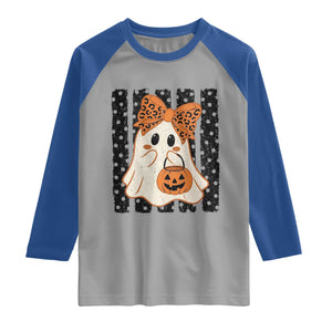 Cute Sheet Ghost with Bow Tie and Pumpkin Bucket Halloween Graphic Raglan Shirt