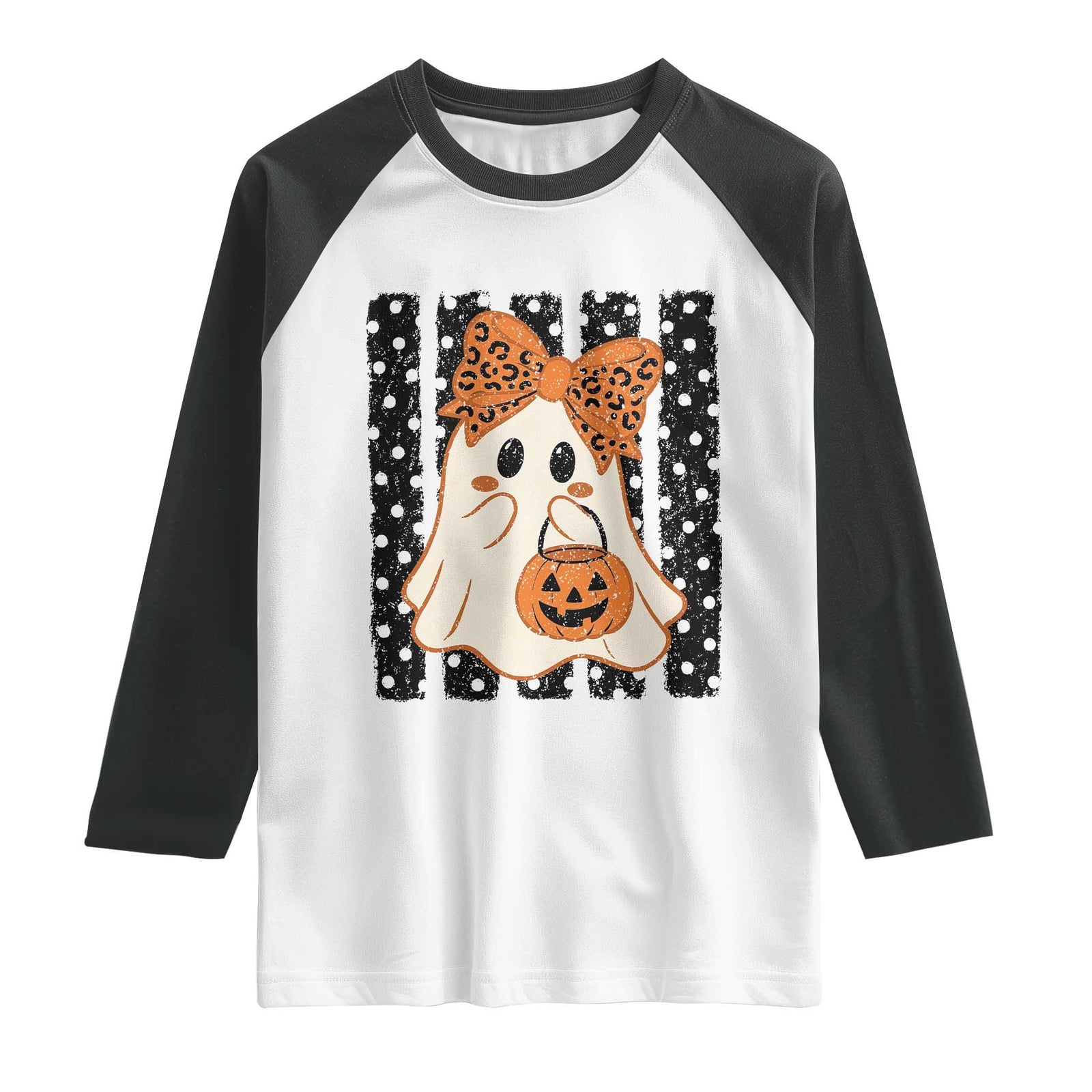 Cute Sheet Ghost with Bow Tie and Pumpkin Bucket Halloween Graphic Raglan Shirt