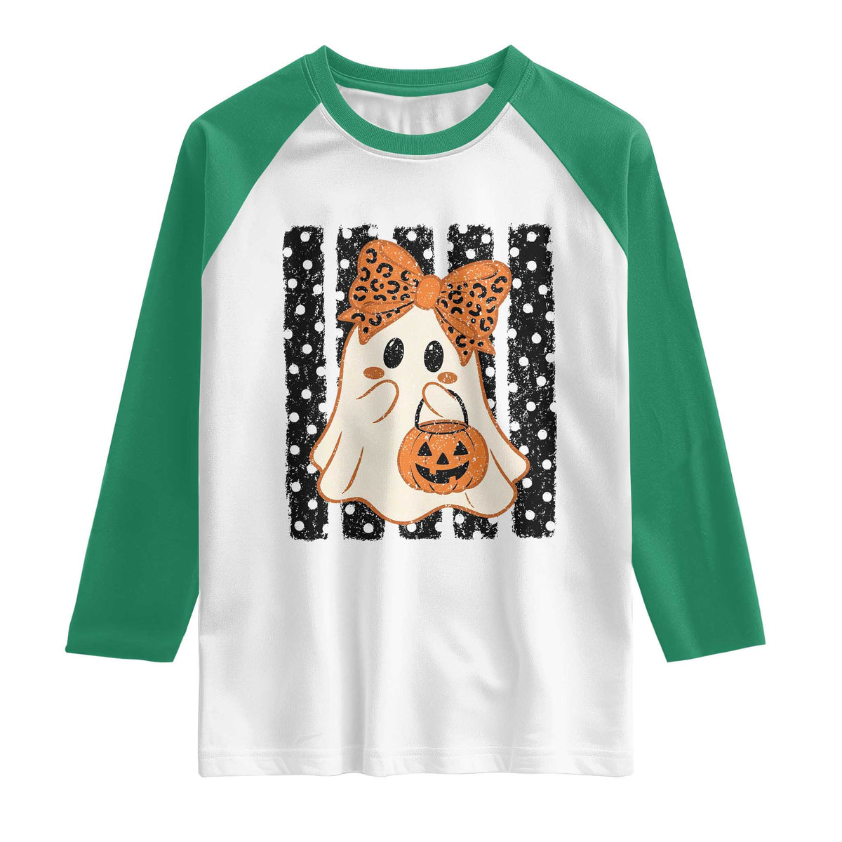 Cute Sheet Ghost with Bow Tie and Pumpkin Bucket Halloween Graphic Raglan Shirt