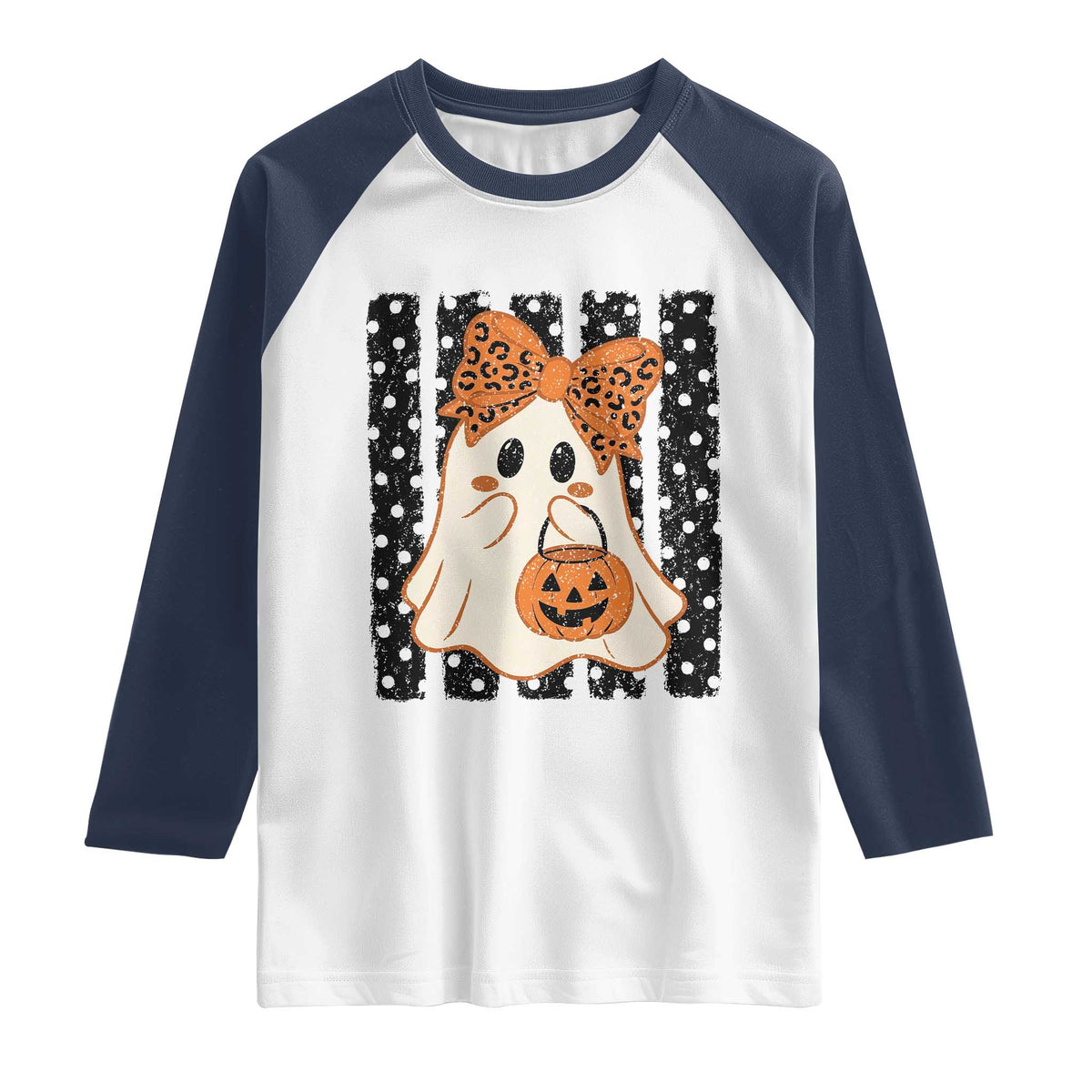 Cute Sheet Ghost with Bow Tie and Pumpkin Bucket Halloween Graphic Raglan Shirt