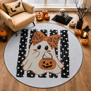 Cute Sheet Ghost with Bow Tie and Pumpkin Bucket Halloween Graphic Round Rug
