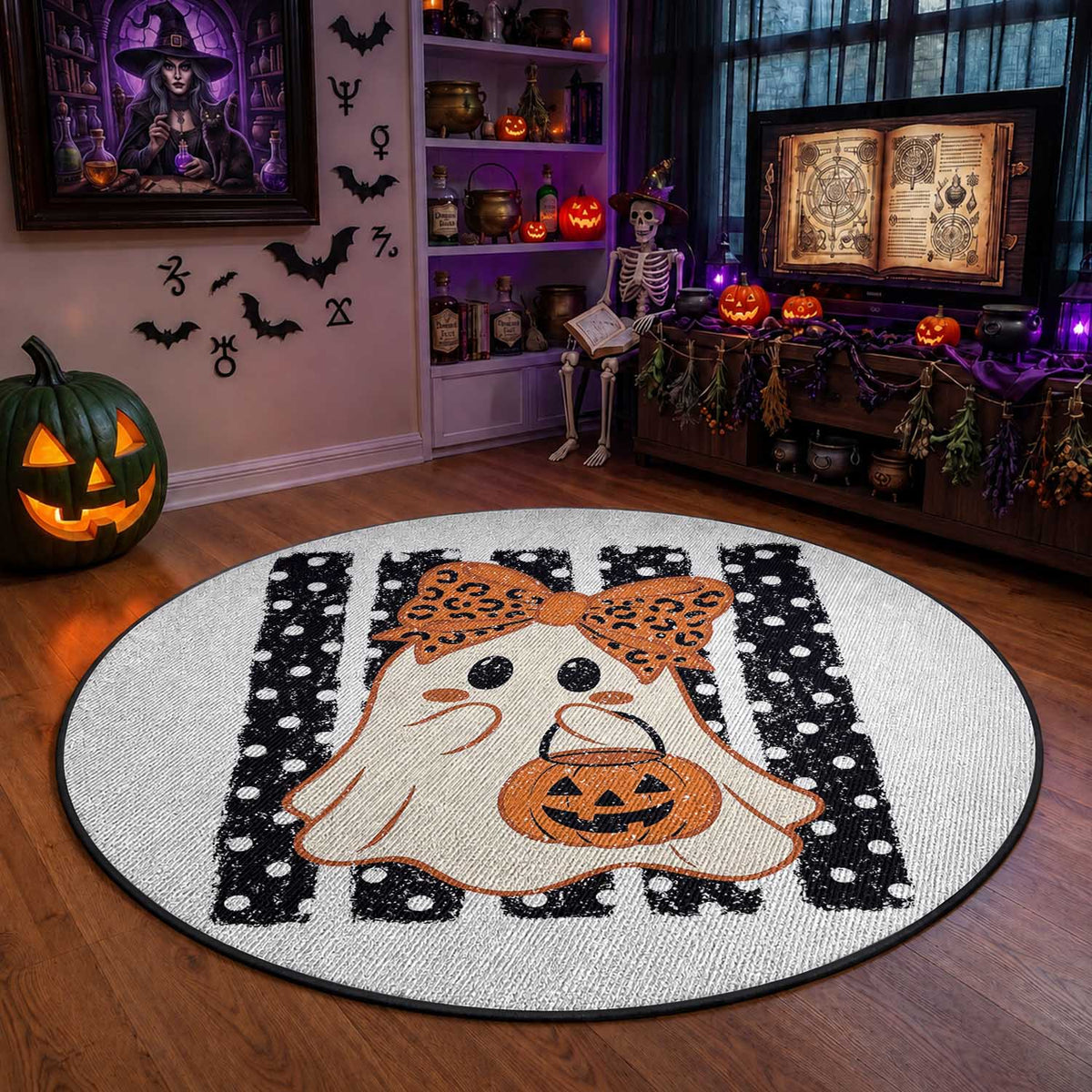 Cute Sheet Ghost with Bow Tie and Pumpkin Bucket Halloween Graphic Round Rug