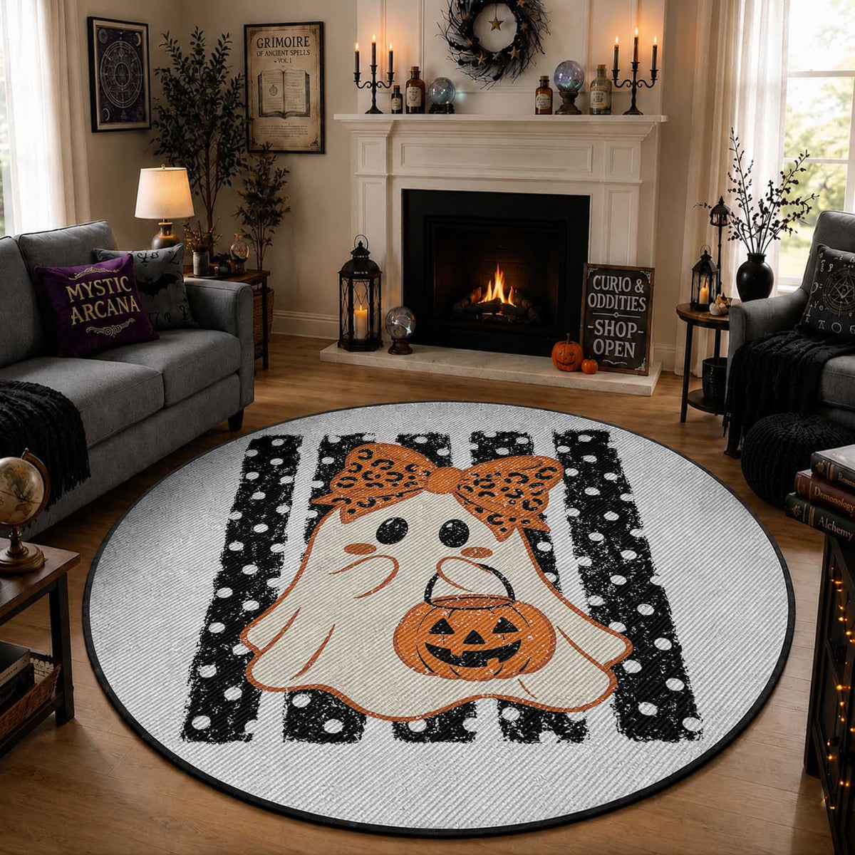 Cute Sheet Ghost with Bow Tie and Pumpkin Bucket Halloween Graphic Round Rug