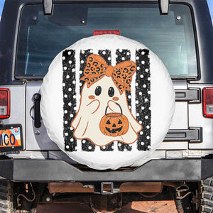 Cute Sheet Ghost with Bow Tie and Pumpkin Bucket Halloween Graphic Spare Tire Cover