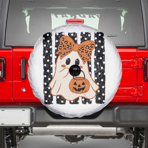 Cute Sheet Ghost with Bow Tie and Pumpkin Bucket Halloween Graphic Spare Tire Cover