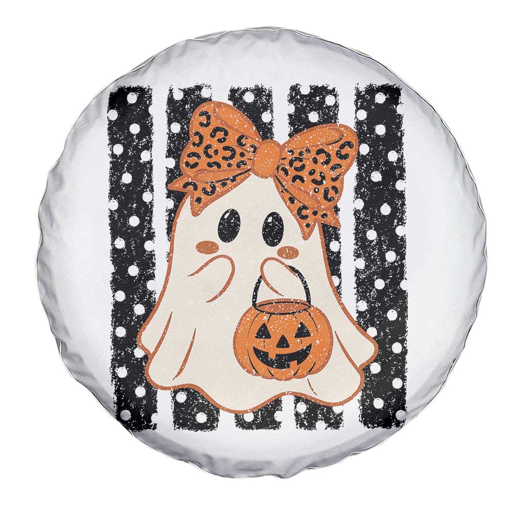 Cute Sheet Ghost with Bow Tie and Pumpkin Bucket Halloween Graphic Spare Tire Cover