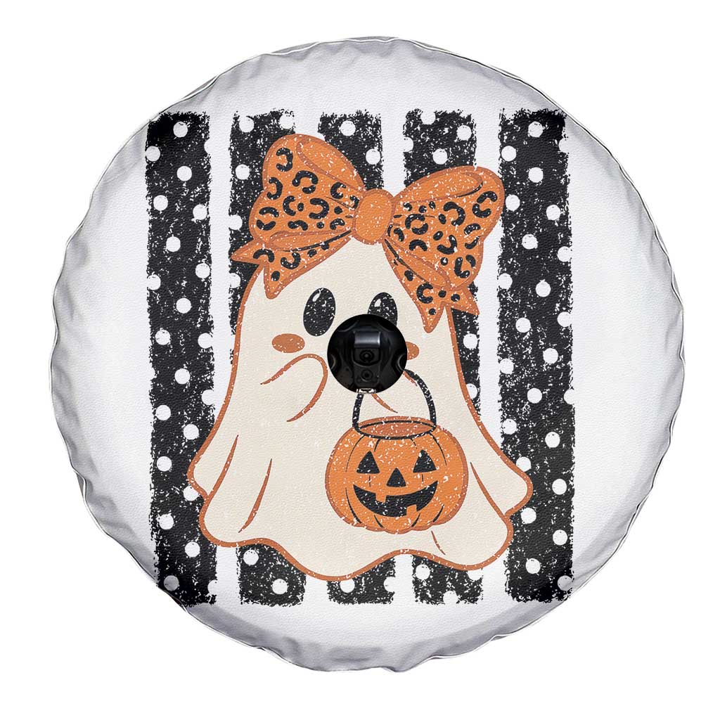 Cute Sheet Ghost with Bow Tie and Pumpkin Bucket Halloween Graphic Spare Tire Cover