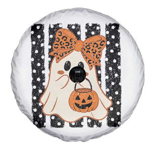 Cute Sheet Ghost with Bow Tie and Pumpkin Bucket Halloween Graphic Spare Tire Cover