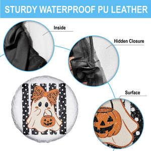 Cute Sheet Ghost with Bow Tie and Pumpkin Bucket Halloween Graphic Spare Tire Cover