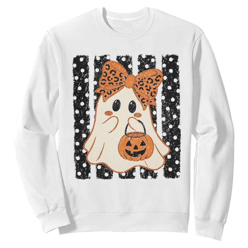 Cute Sheet Ghost with Bow Tie and Pumpkin Bucket Halloween Graphic Sweatshirt