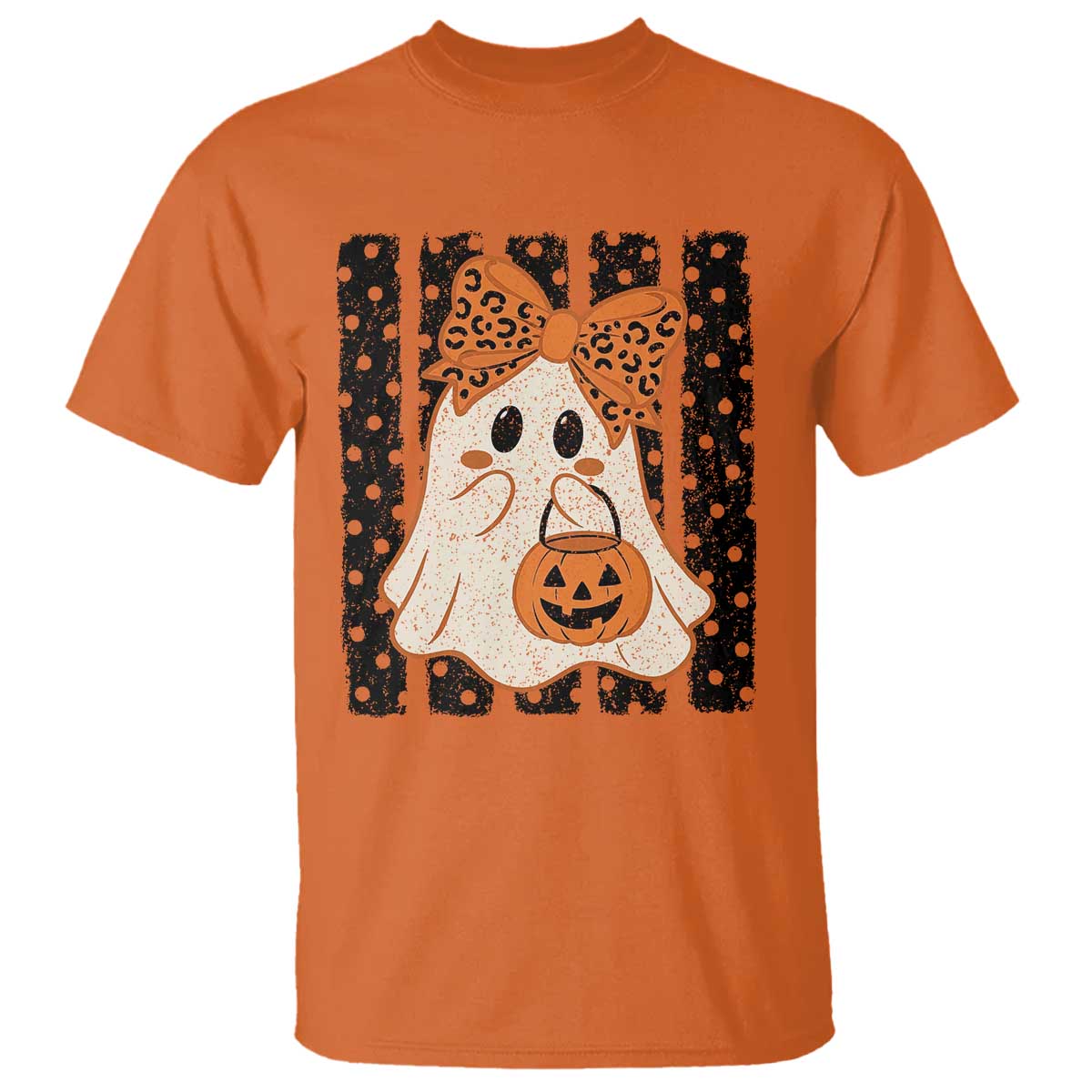 Cute Sheet Ghost with Bow Tie and Pumpkin Bucket Halloween Graphic T Shirt