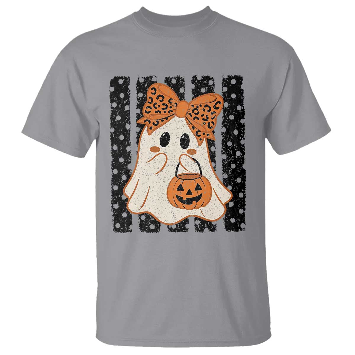 Cute Sheet Ghost with Bow Tie and Pumpkin Bucket Halloween Graphic T Shirt