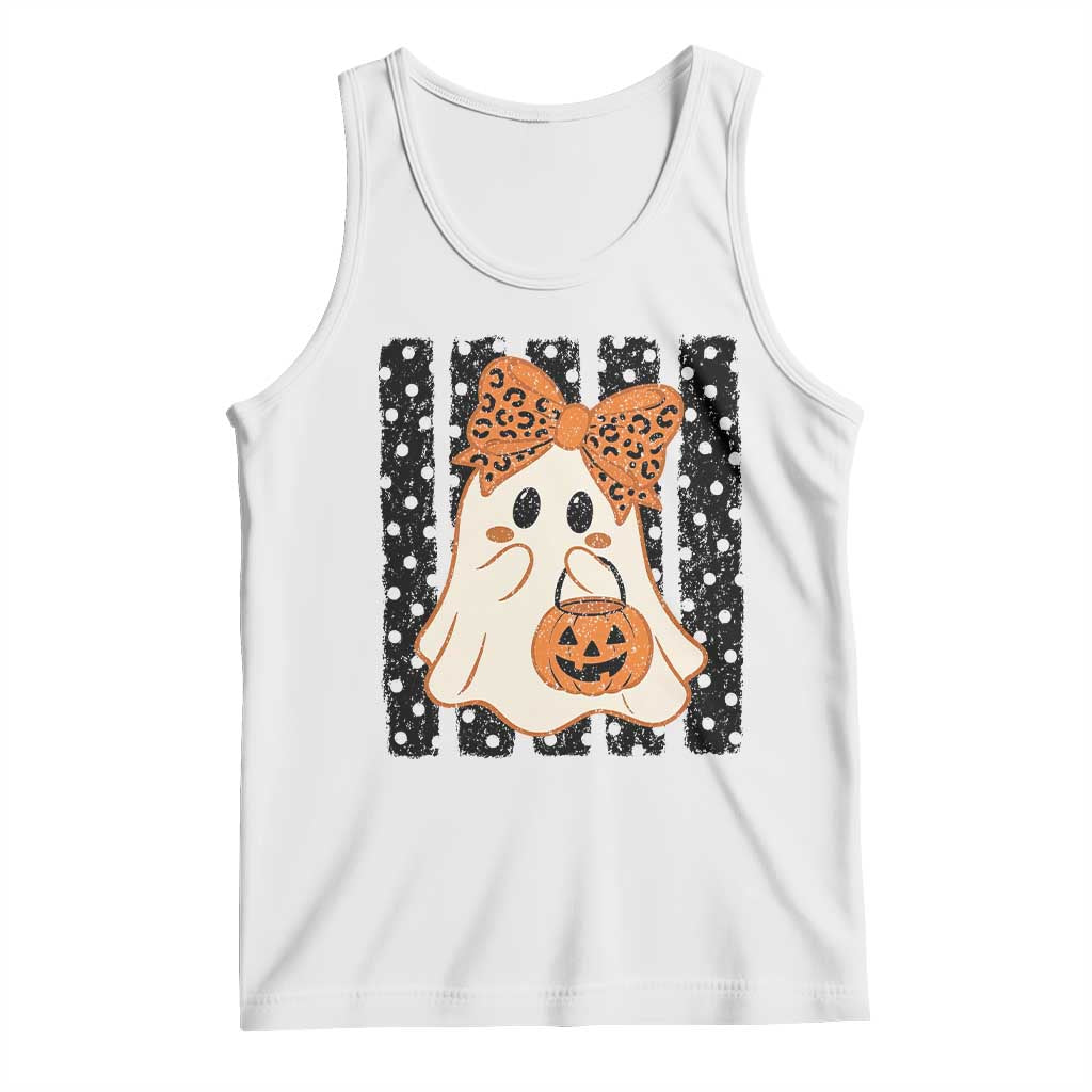 Cute Sheet Ghost with Bow Tie and Pumpkin Bucket Halloween Graphic Tank Top