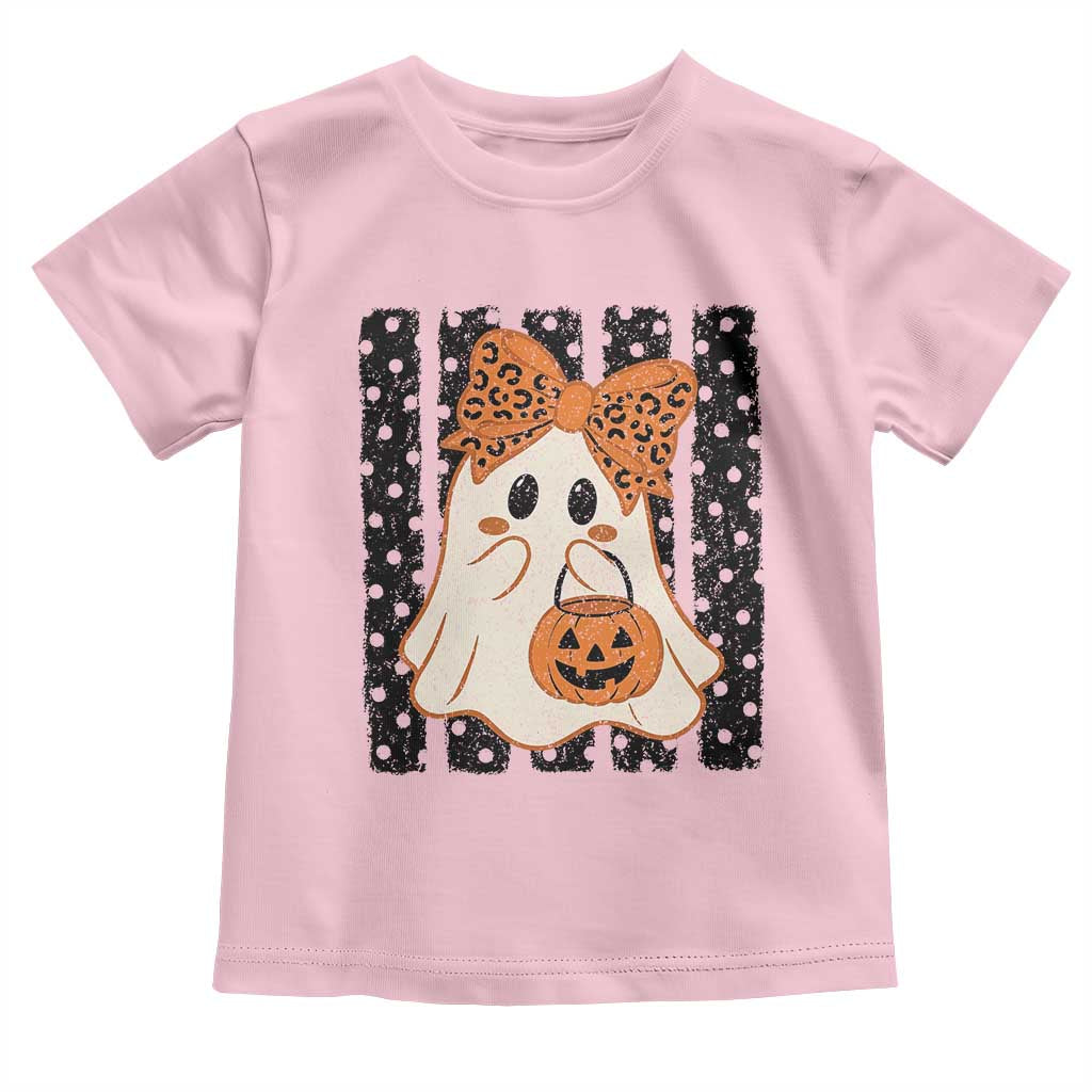 Cute Sheet Ghost with Bow Tie and Pumpkin Bucket Halloween Graphic Toddler T Shirt