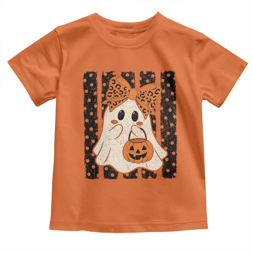Cute Sheet Ghost with Bow Tie and Pumpkin Bucket Halloween Graphic Toddler T Shirt