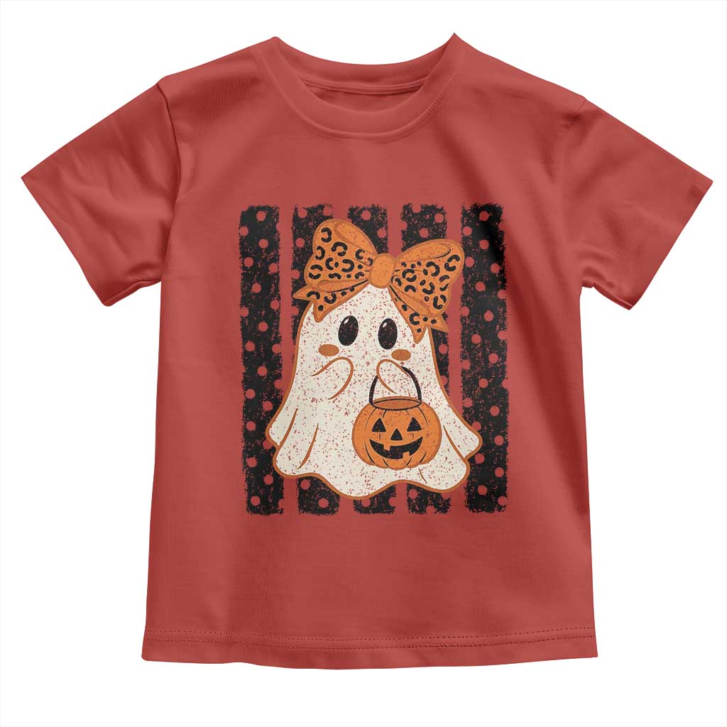 Cute Sheet Ghost with Bow Tie and Pumpkin Bucket Halloween Graphic Toddler T Shirt