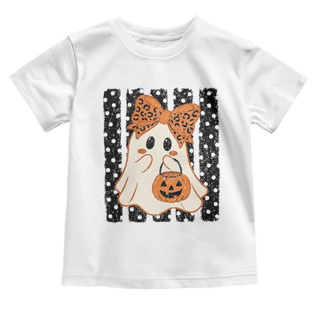 Cute Sheet Ghost with Bow Tie and Pumpkin Bucket Halloween Graphic Toddler T Shirt