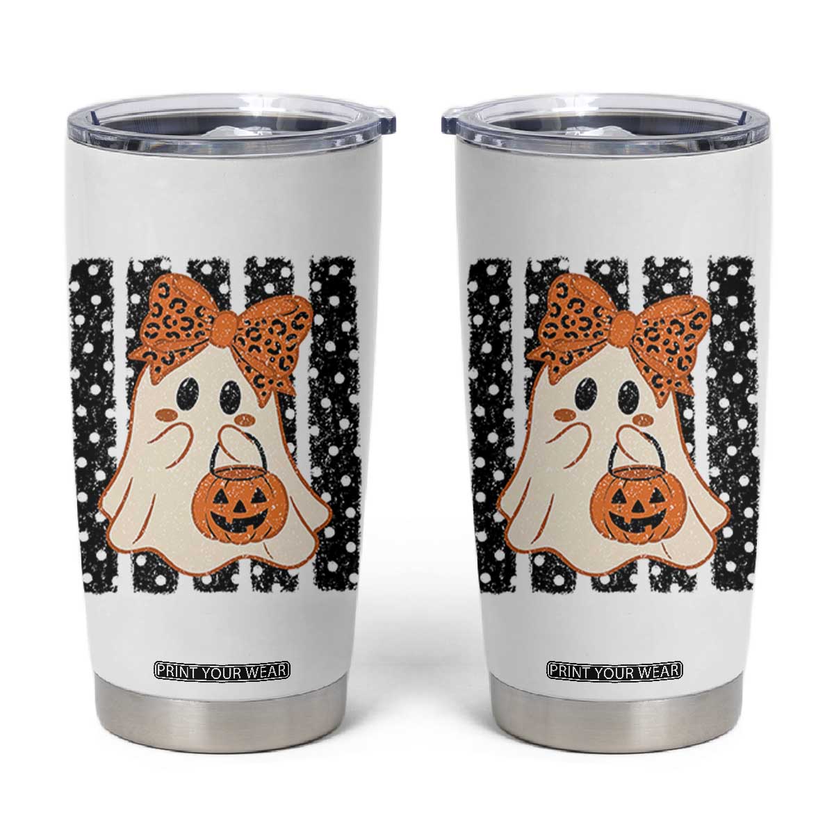 Cute Sheet Ghost with Bow Tie and Pumpkin Bucket Halloween Graphic Tumbler Cup
