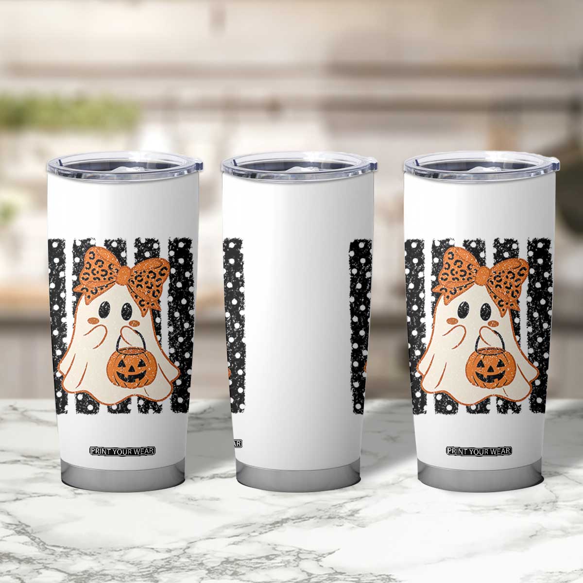 Cute Sheet Ghost with Bow Tie and Pumpkin Bucket Halloween Graphic Tumbler Cup